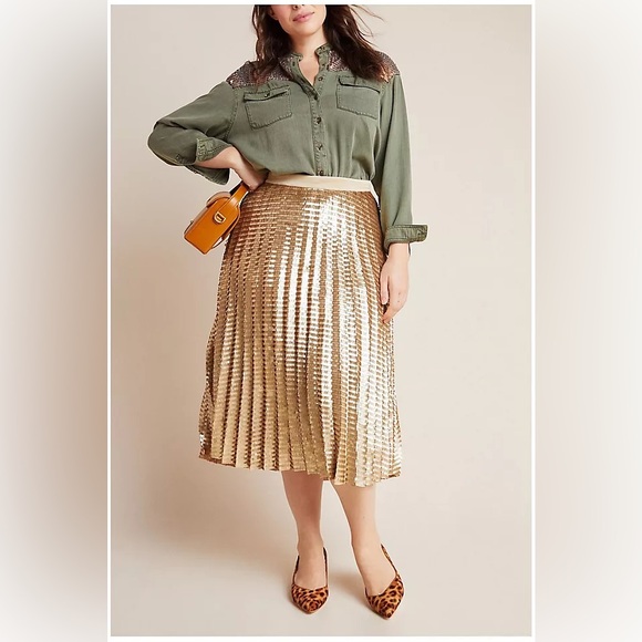 NWOT Anthropologie Maeve Gold Natalia Sequined Midi Skirt - Size 6 - Picture 1 of 8